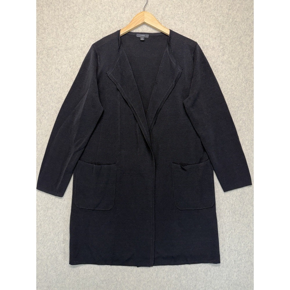 J.Crew‎ Black Open Front Long Cardigan Sweater Linen Blend Pockets Women's M